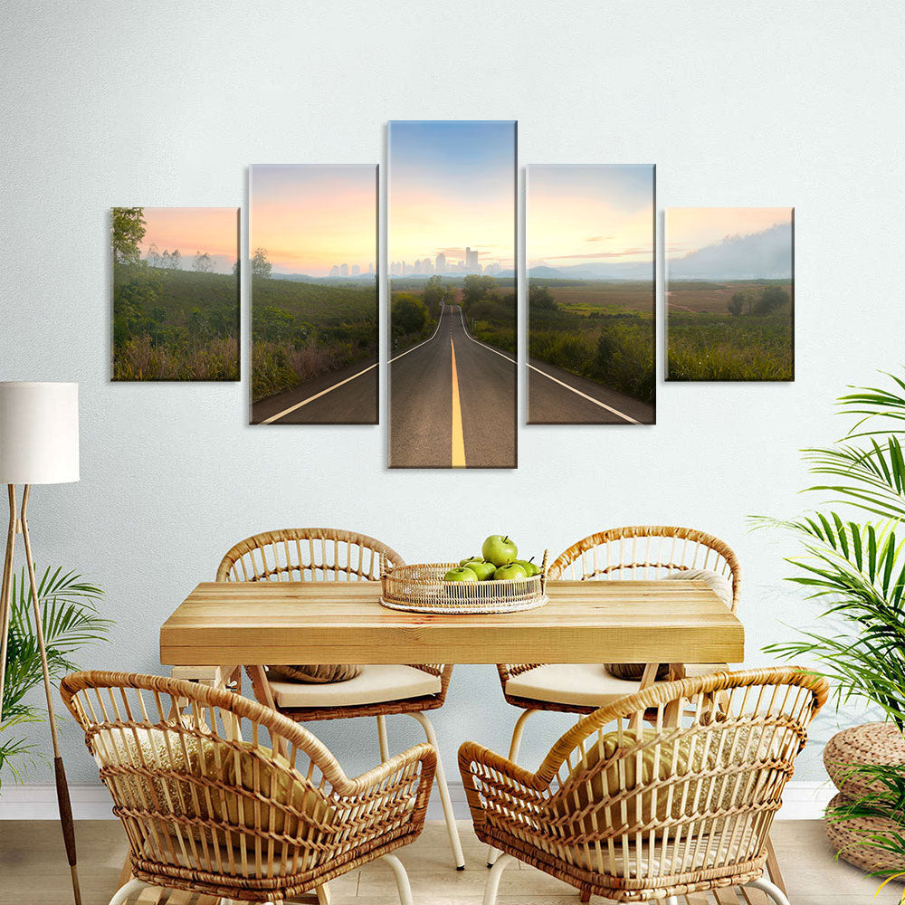 Sunset Road To City Canvas Wall Art