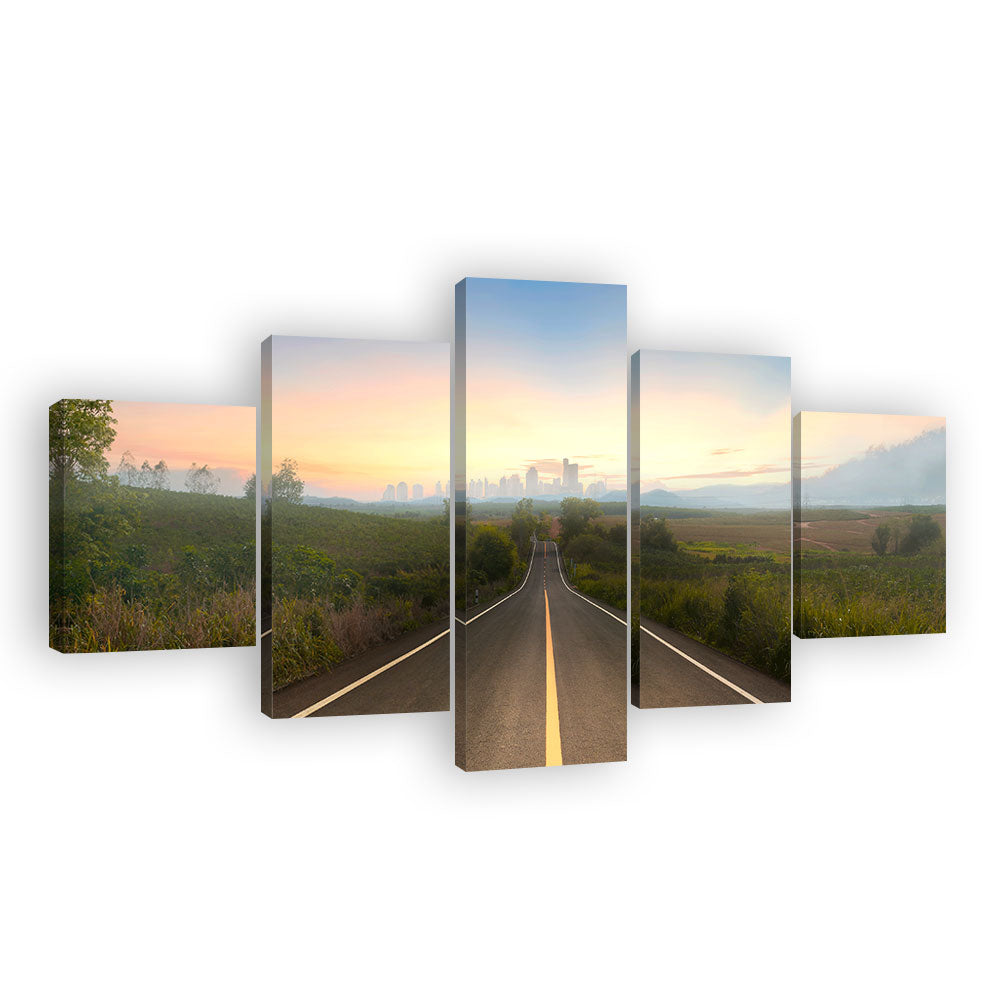 Sunset Road To City Canvas Wall Art