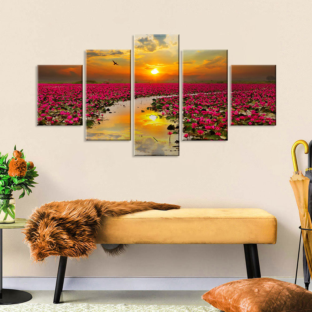 Sunrise Over Lotus Field Canvas Wall Art