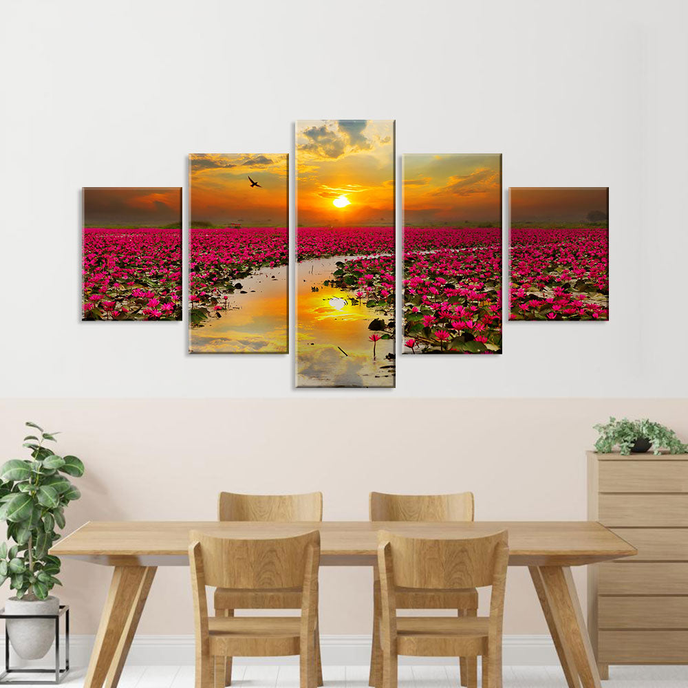 Sunrise Over Lotus Field Canvas Wall Art