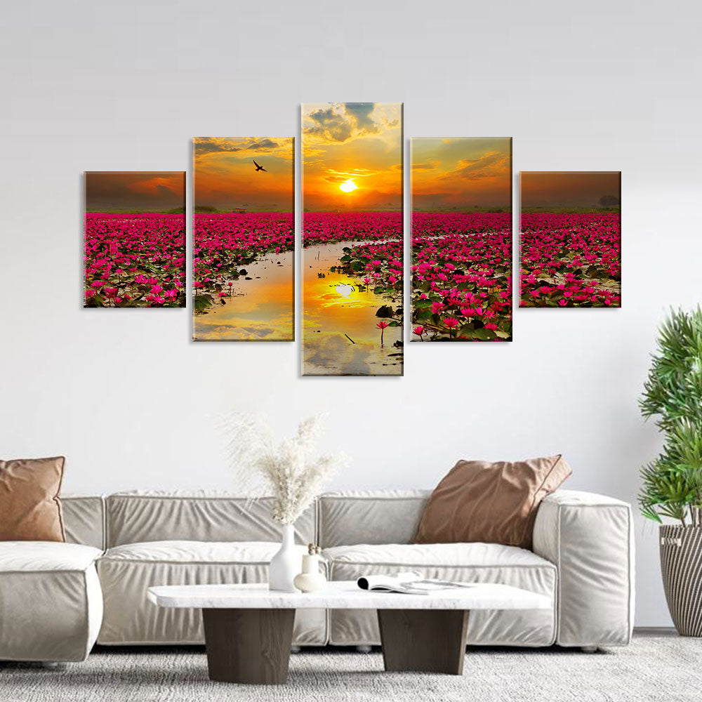 Sunrise Over Lotus Field Canvas Wall Art