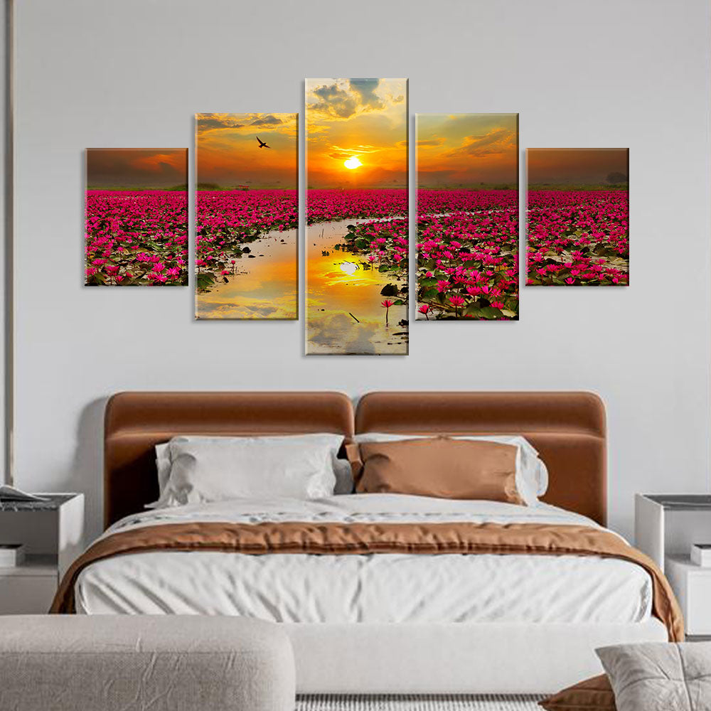 Sunrise Over Lotus Field Canvas Wall Art