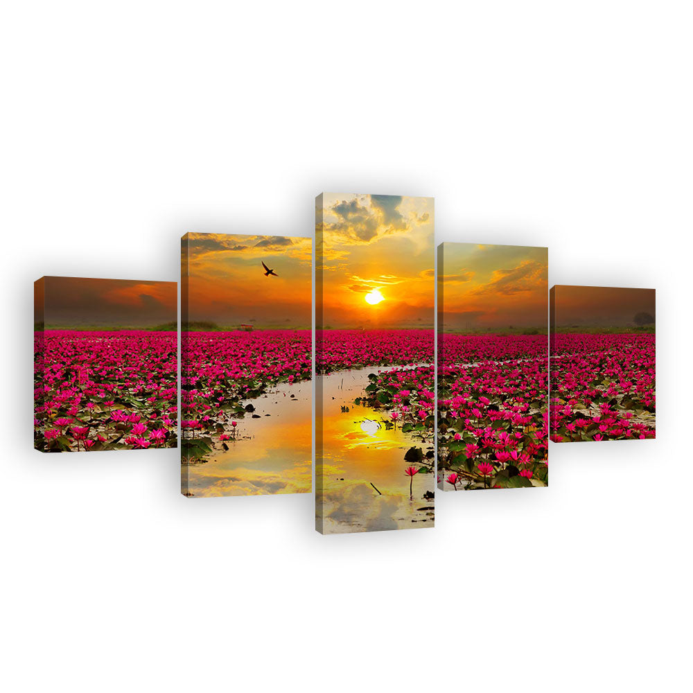 Sunrise Over Lotus Field Canvas Wall Art
