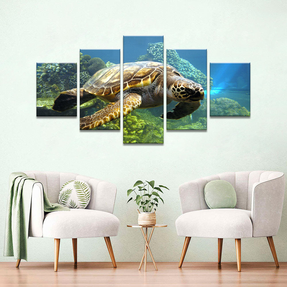 Turtle Swimming In The Ocean Canvas Wall Art