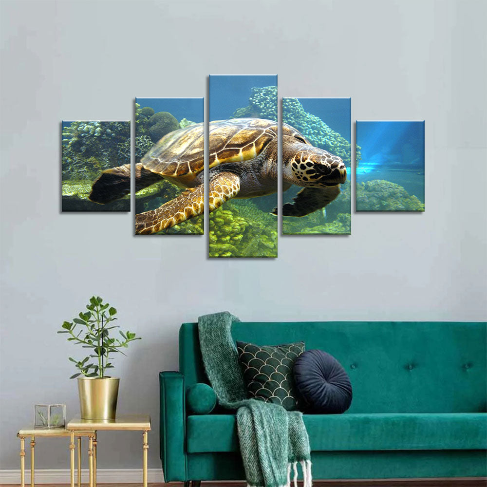 Turtle Swimming In The Ocean Canvas Wall Art