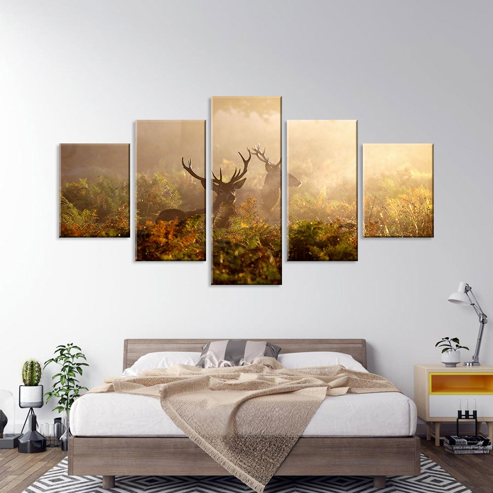 Majestic Deer In Misty Morning Canvas Wall Art