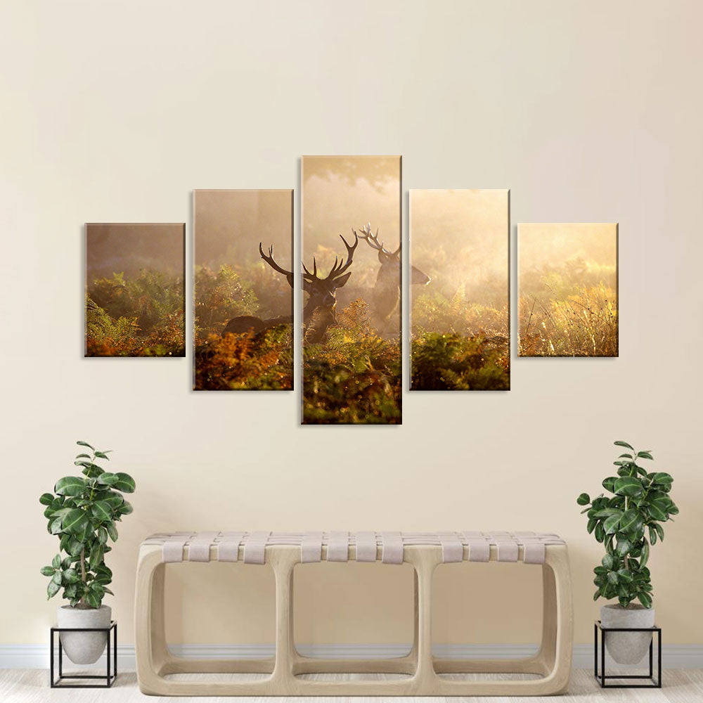 Majestic Deer In Misty Morning Canvas Wall Art