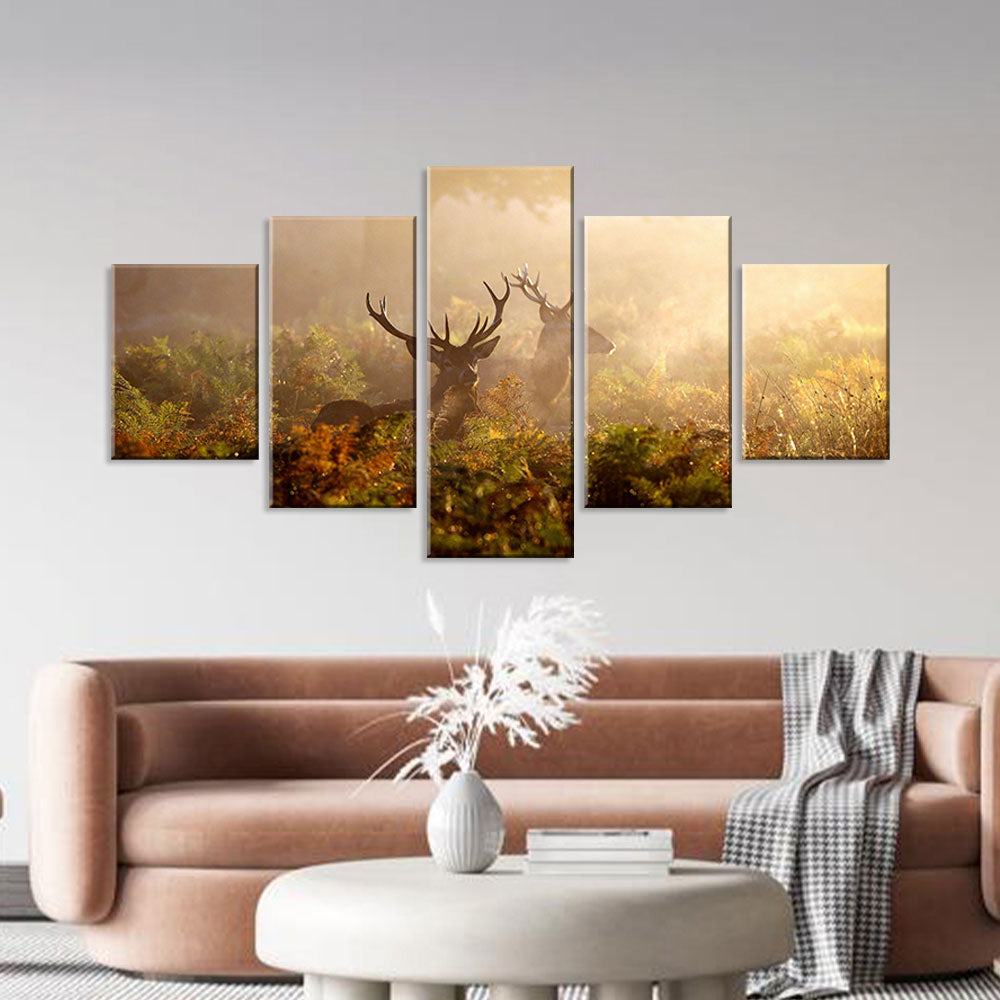 Majestic Deer In Misty Morning Canvas Wall Art