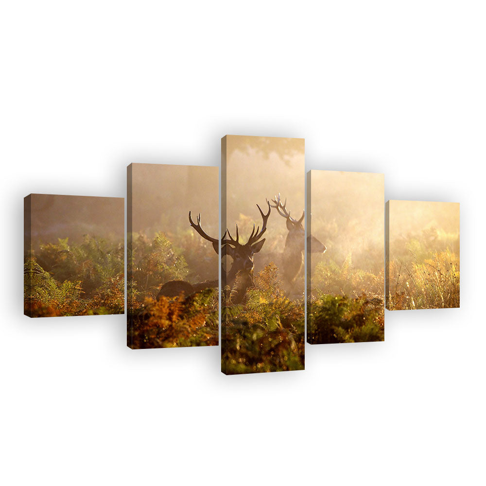 Majestic Deer In Misty Morning Canvas Wall Art