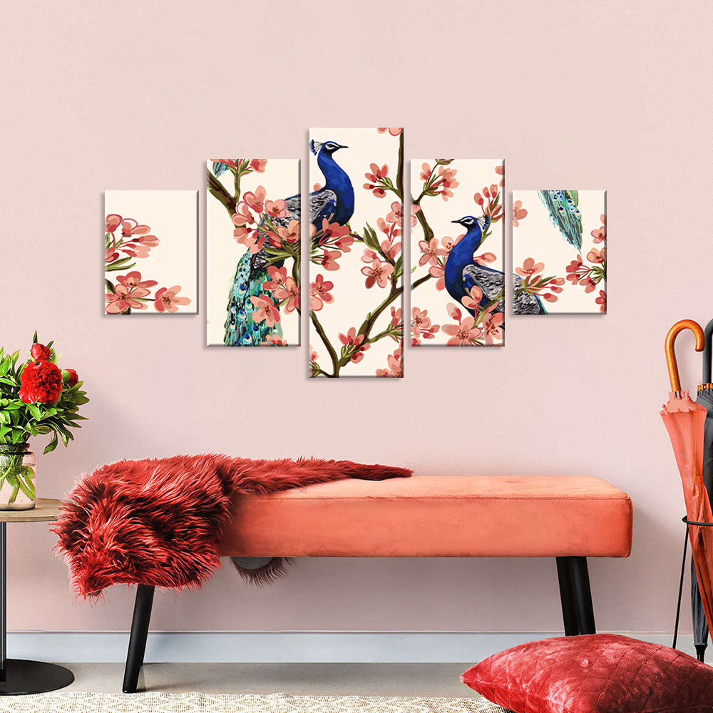 Two Elegant Peacocks On Cherry Blossom Tree Canvas Wall Art