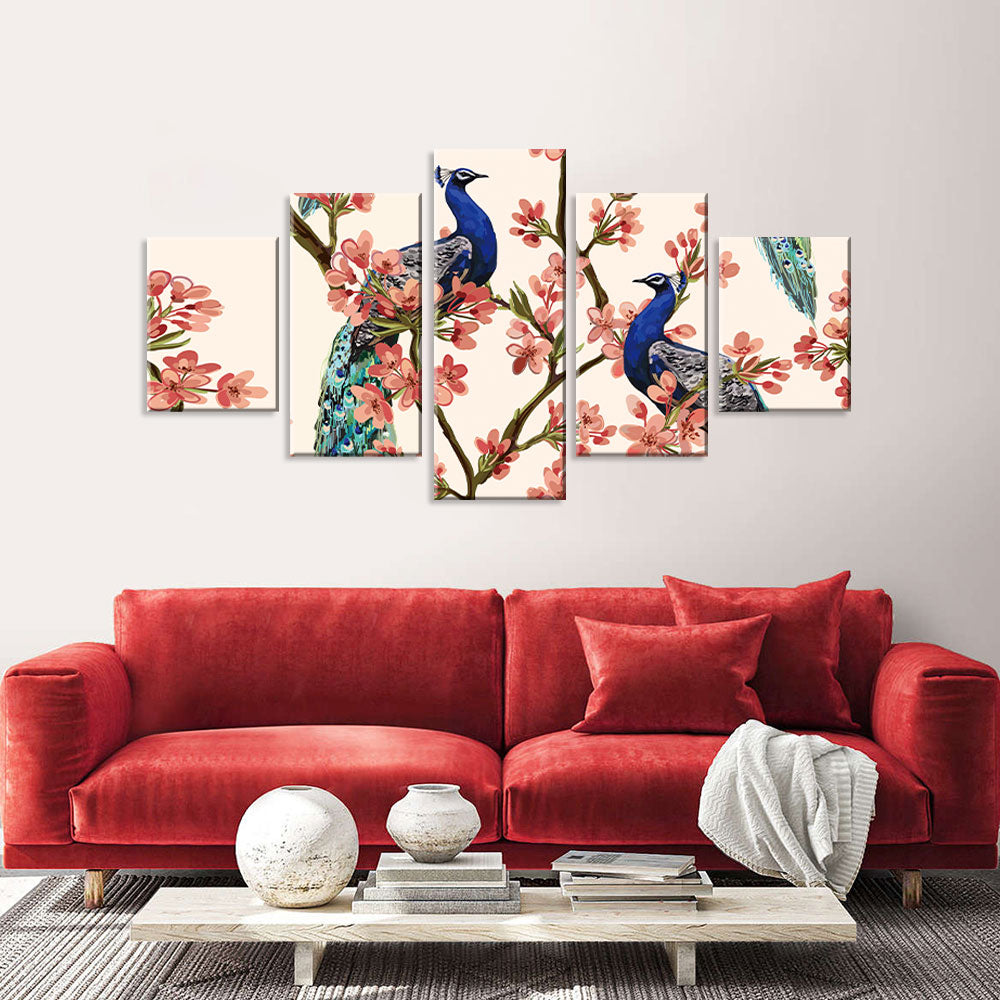 Two Elegant Peacocks On Cherry Blossom Tree Canvas Wall Art