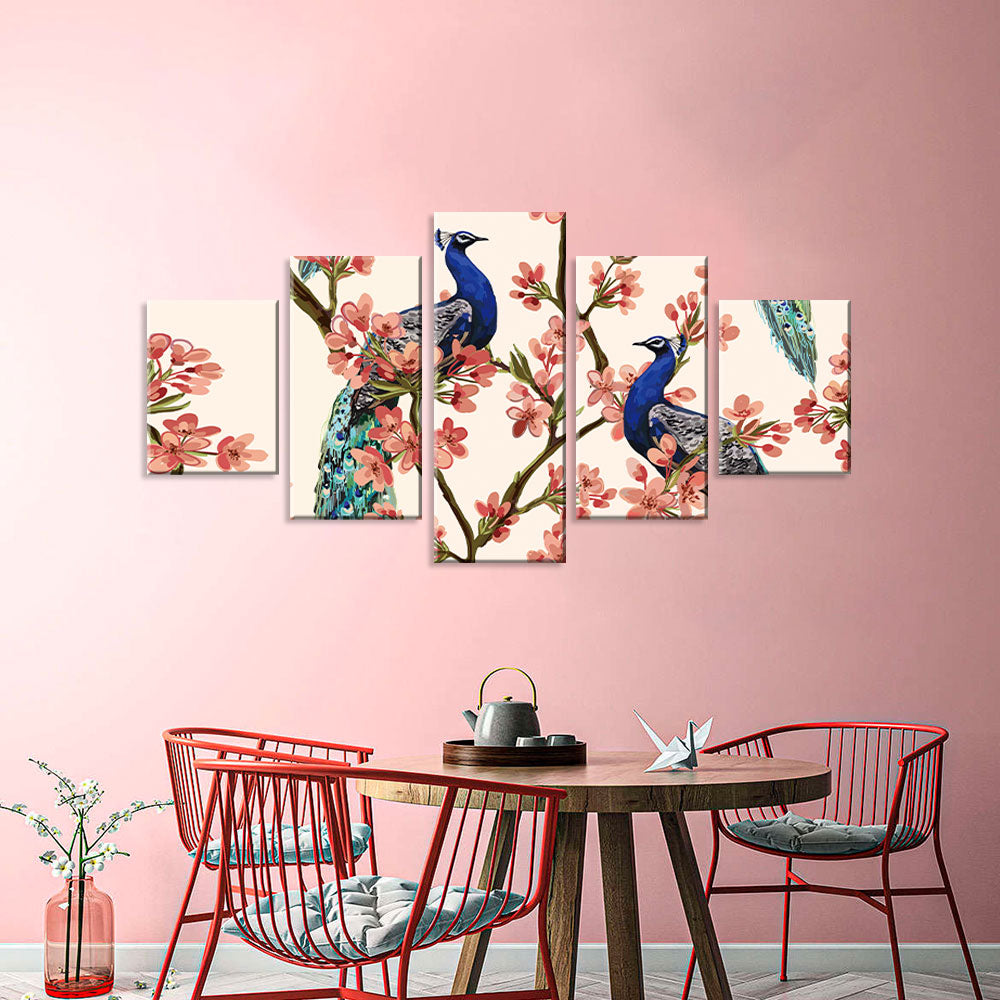Two Elegant Peacocks On Cherry Blossom Tree Canvas Wall Art