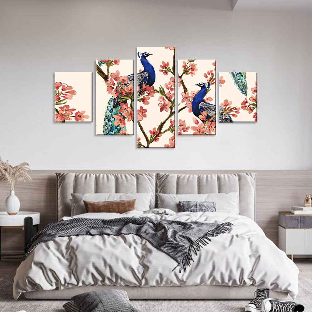 Two Elegant Peacocks On Cherry Blossom Tree Canvas Wall Art