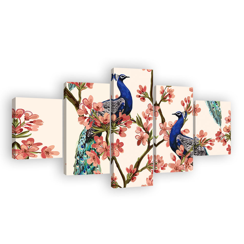 Two Elegant Peacocks On Cherry Blossom Tree Canvas Wall Art