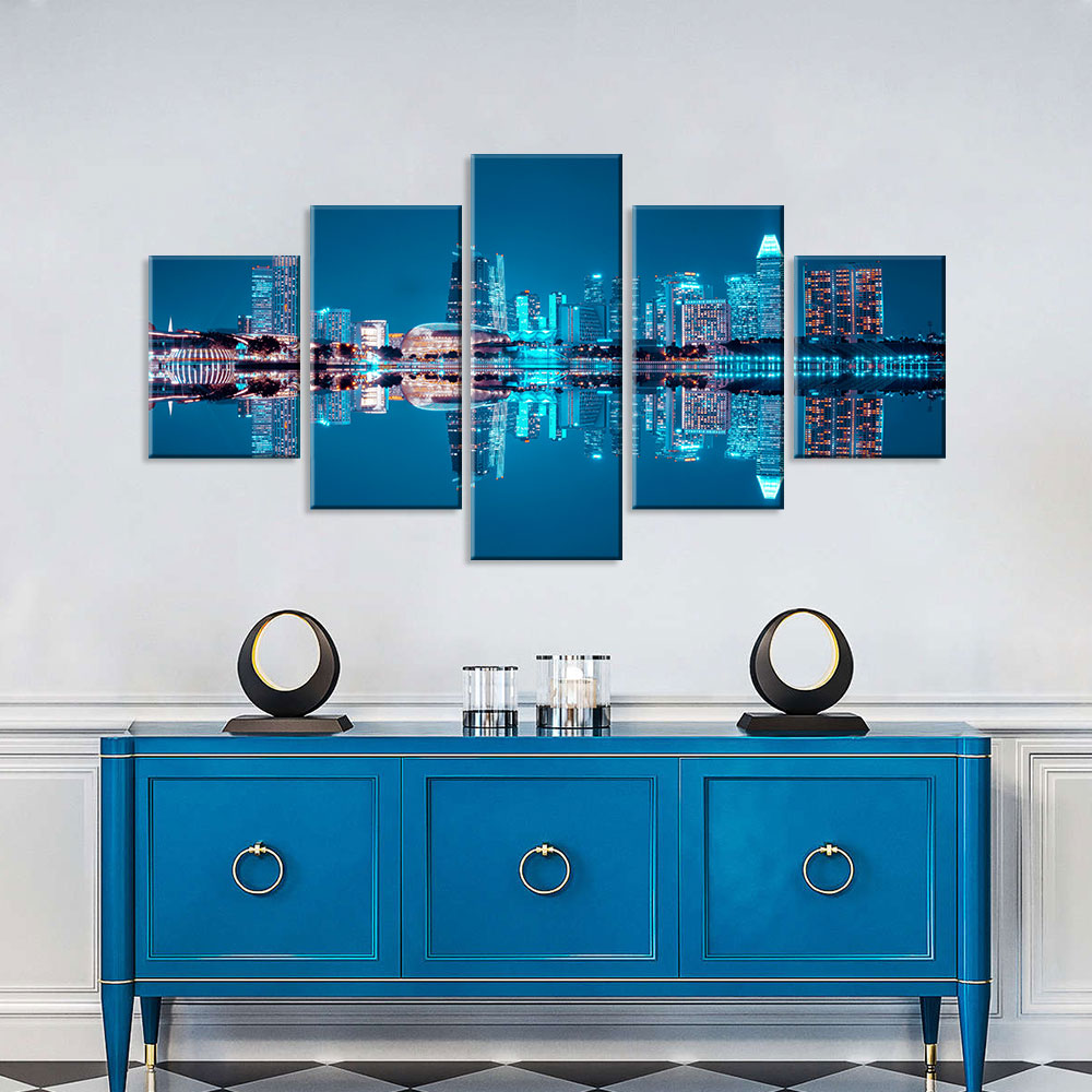 Water Reflection Of Singapore Cityscape Canvas Wall Art