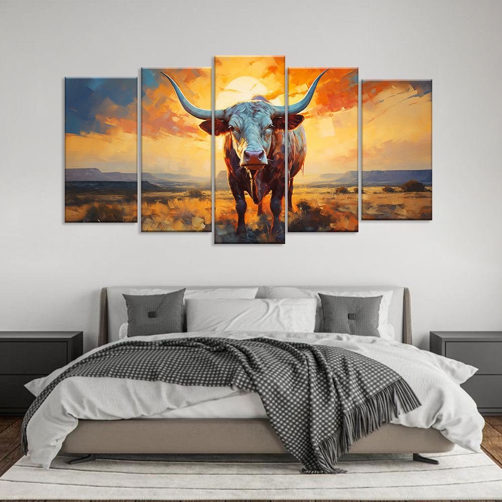 Texas Longhorn At Sunset - Multi-Panel Canvas Wall Art