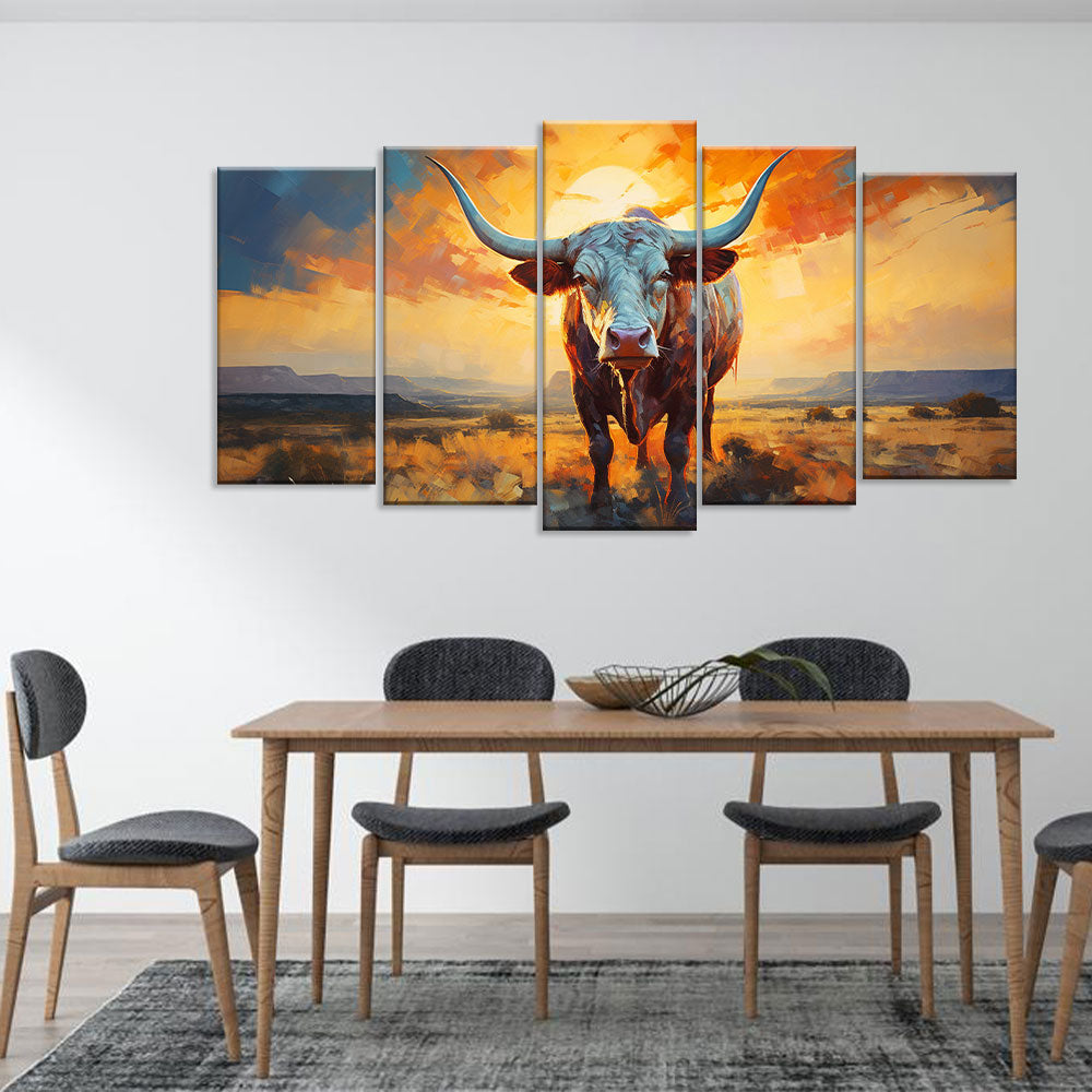 Texas Longhorn At Sunset - Multi-Panel Canvas Wall Art
