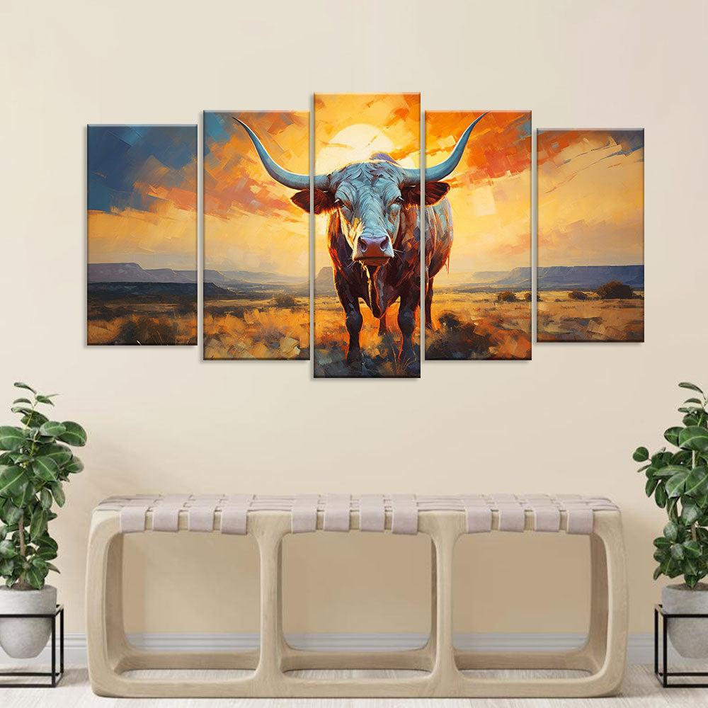 Texas Longhorn At Sunset - Multi-Panel Canvas Wall Art
