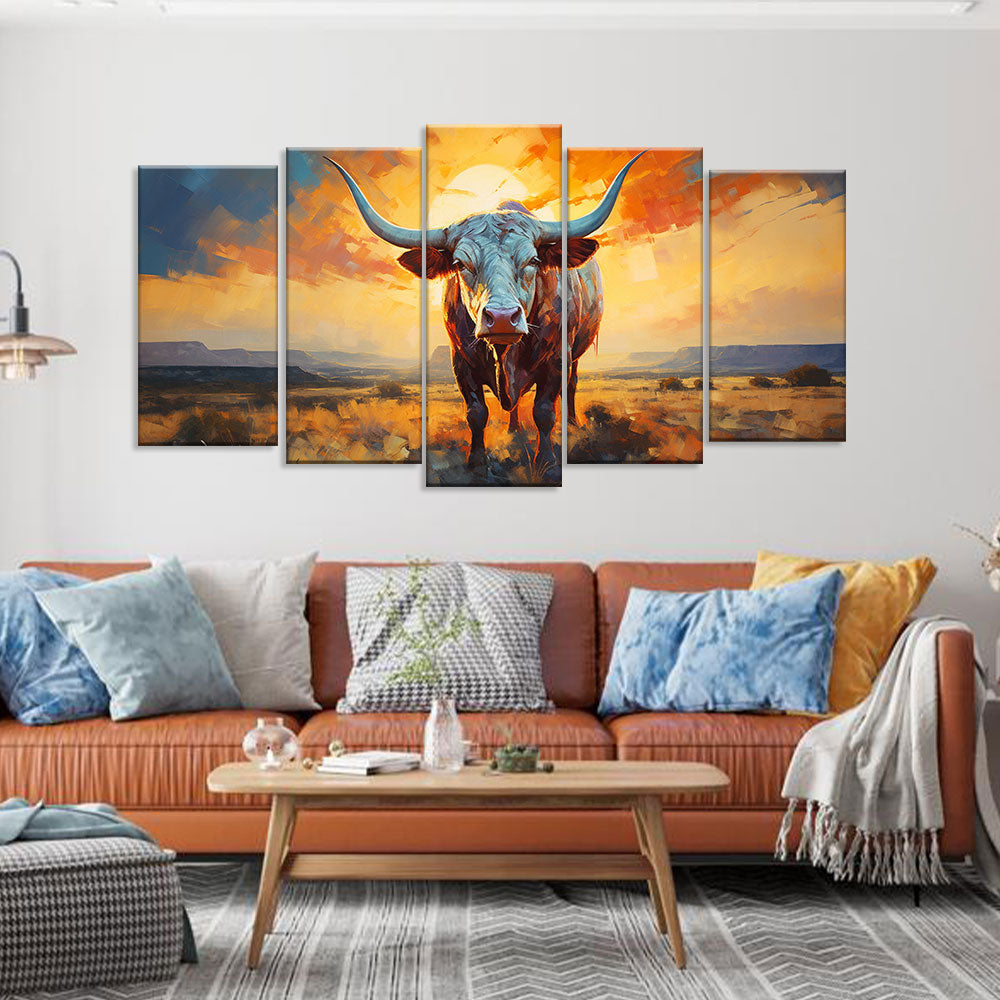 Texas Longhorn At Sunset - Multi-Panel Canvas Wall Art
