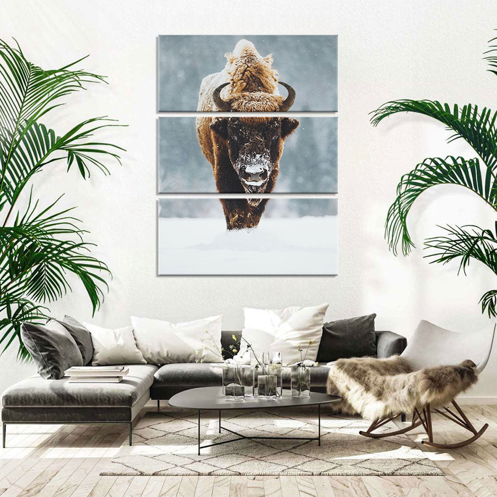 Wild Bison In Snow Canvas Wall Art