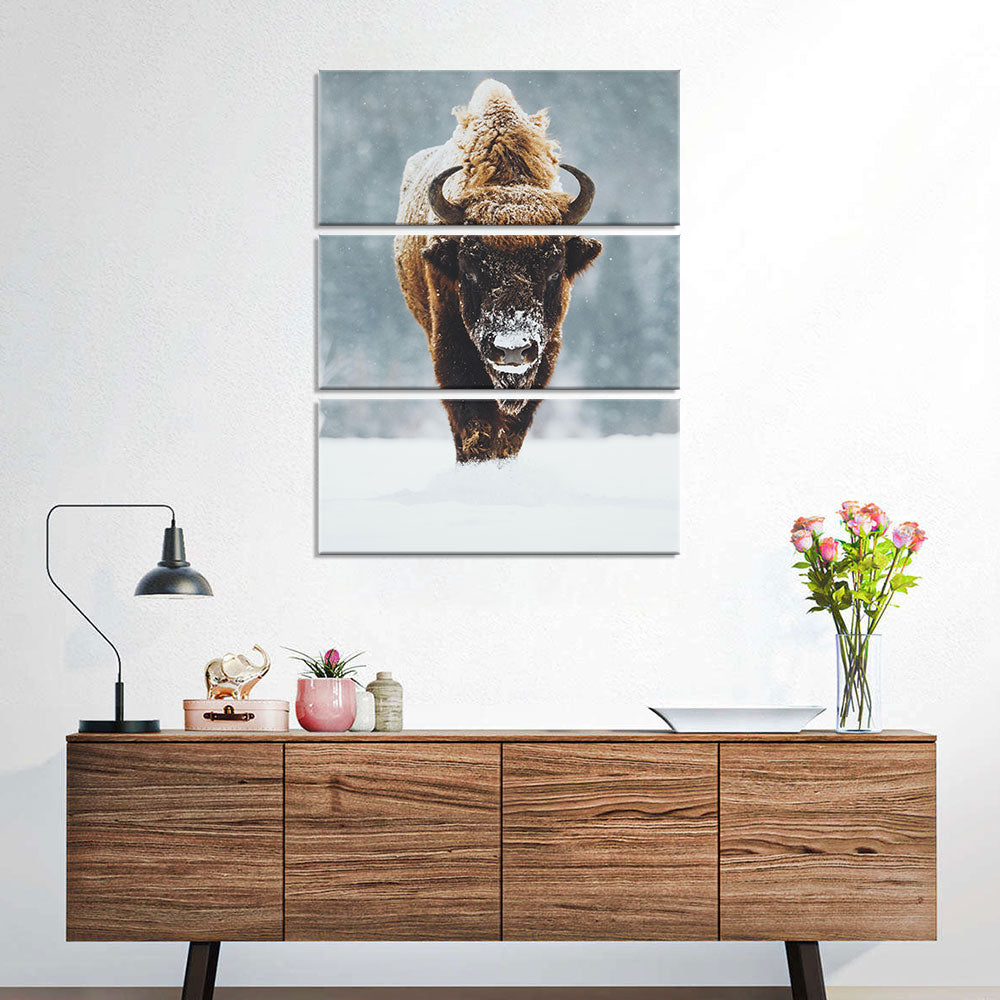 Wild Bison In Snow Canvas Wall Art