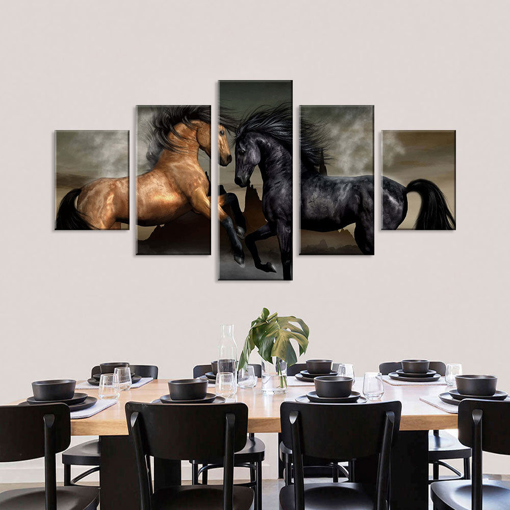 Wild Black And Brown Horses Canvas Wall Art