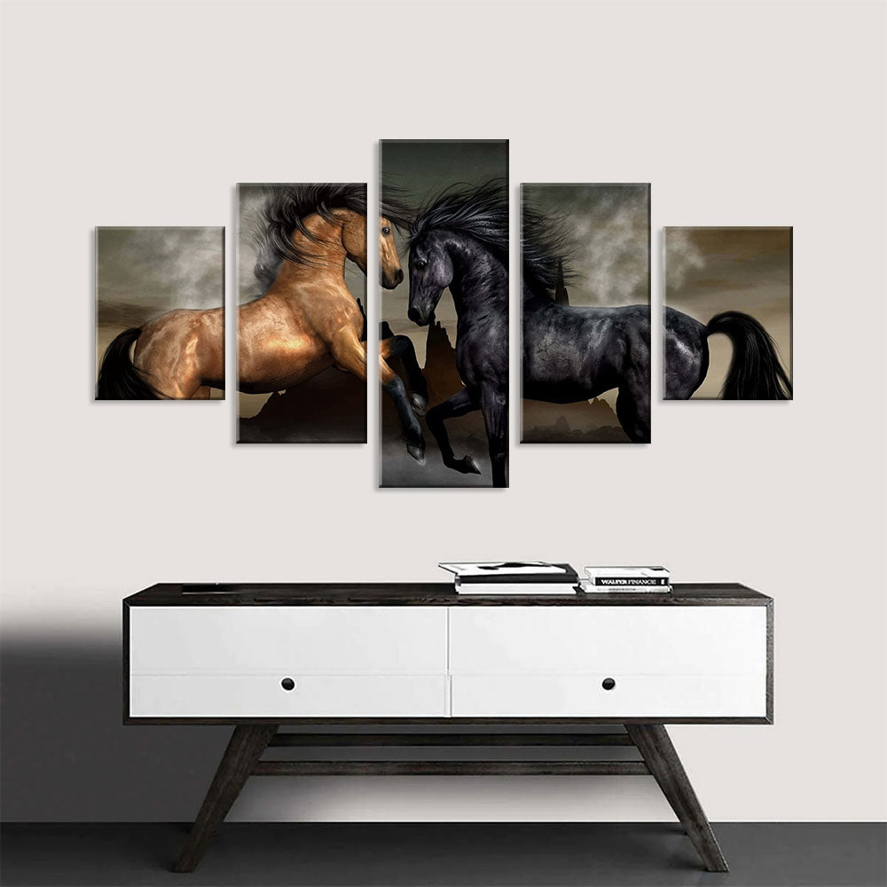 Wild Black And Brown Horses Canvas Wall Art