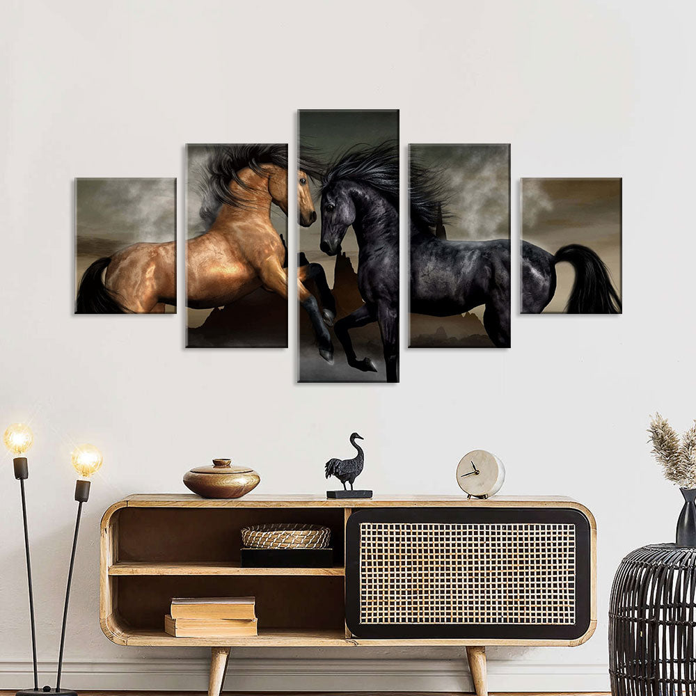 Wild Black And Brown Horses Canvas Wall Art