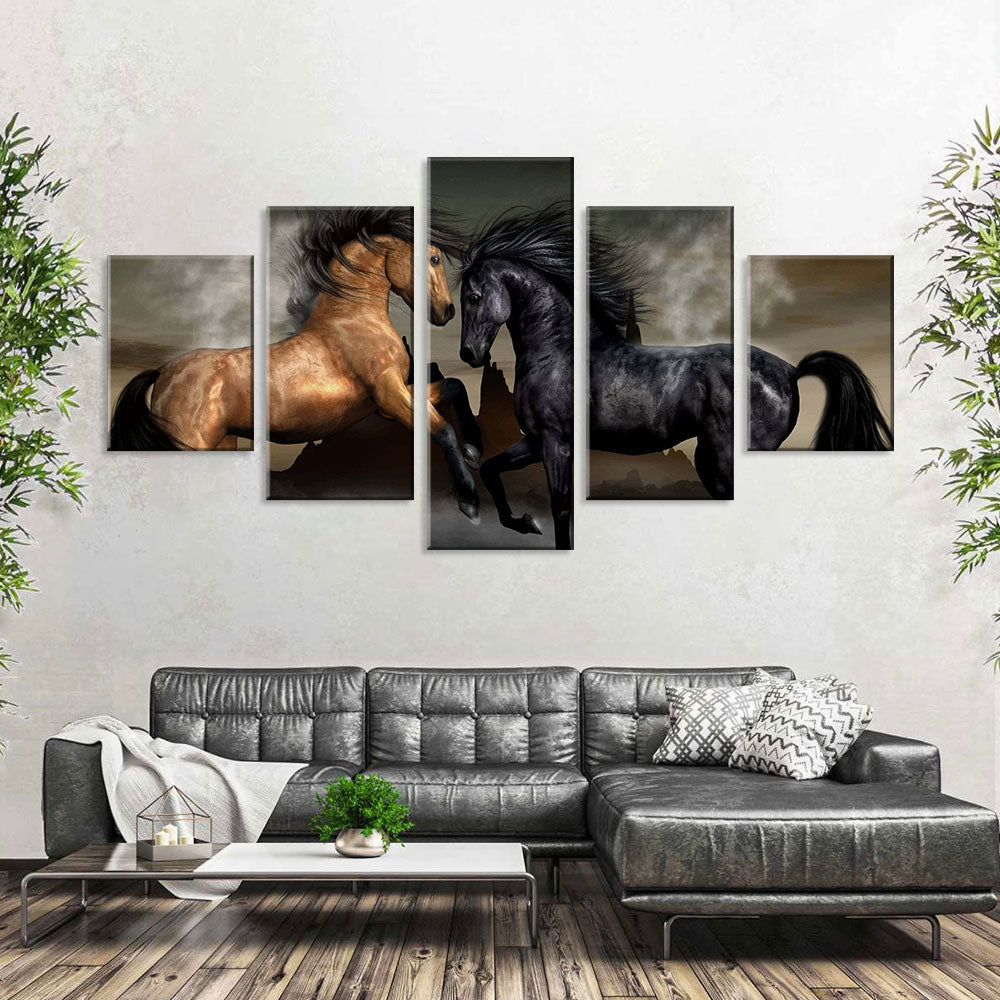 Wild Black And Brown Horses Canvas Wall Art