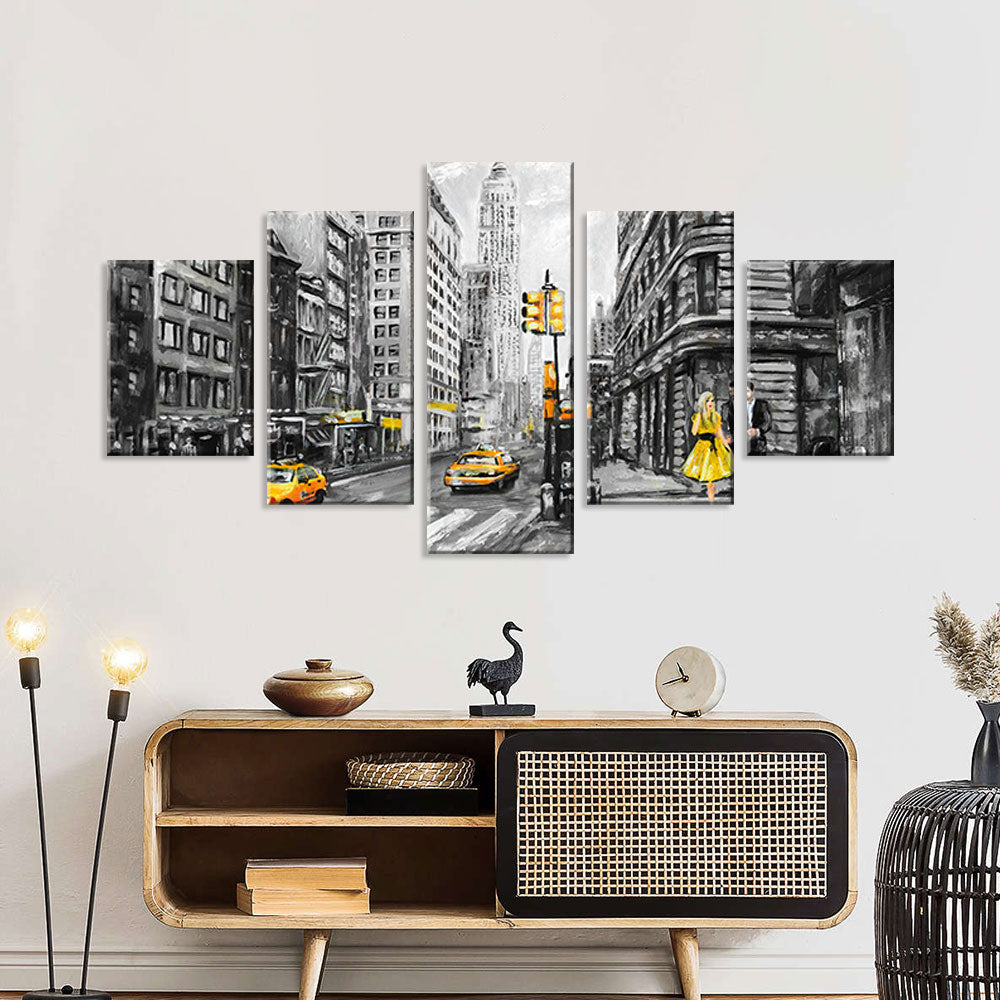 Yellow Taxi Cabs In New York City Street Canvas Wall Art
