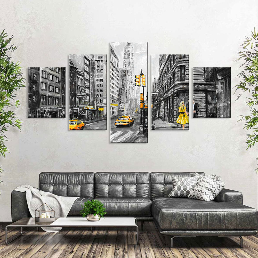 Yellow Taxi Cabs In New York City Street Canvas Wall Art