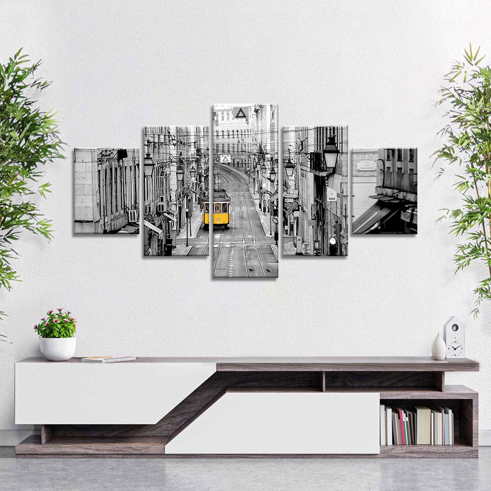 Yellow Tram In Lisbon Street Multi-Panel Canvas Wall Art