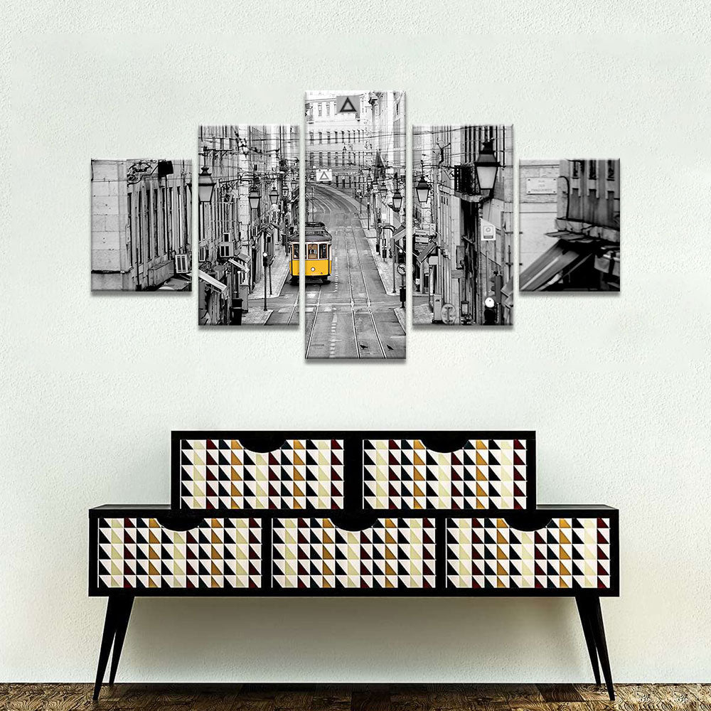 Yellow Tram In Lisbon Street Multi-Panel Canvas Wall Art