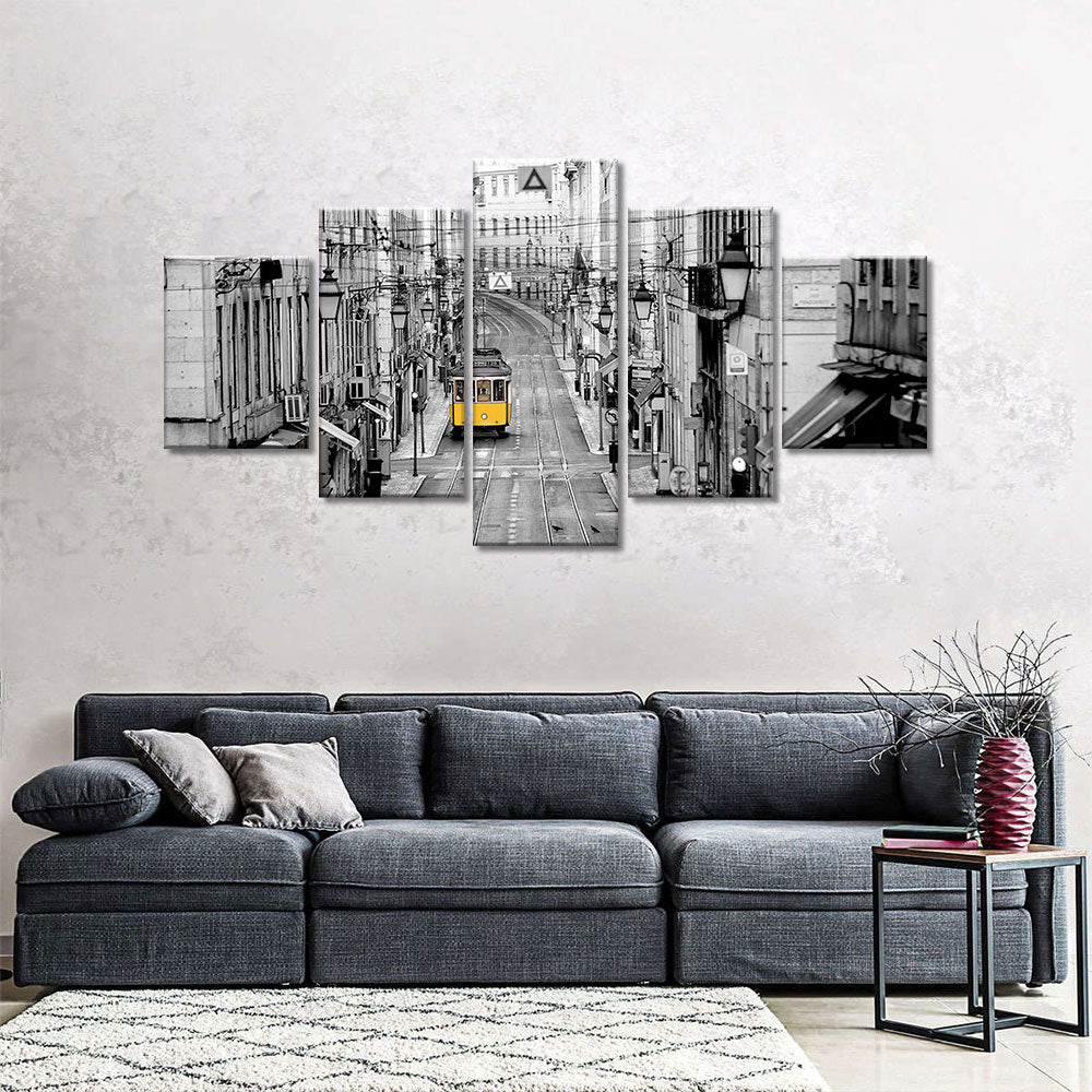 Yellow Tram In Lisbon Street Multi-Panel Canvas Wall Art