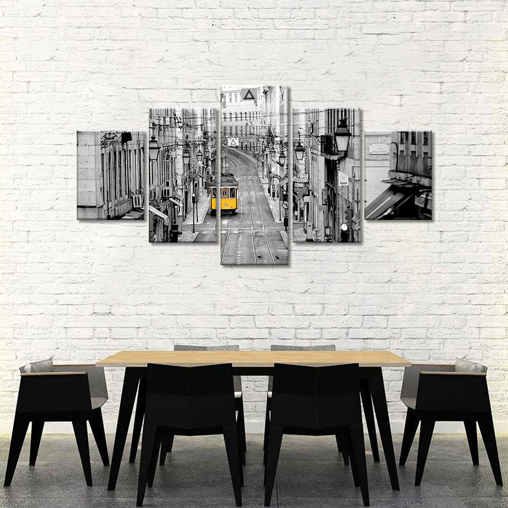 Yellow Tram In Lisbon Street Multi-Panel Canvas Wall Art