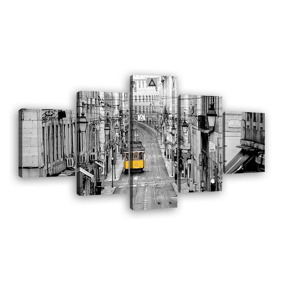 Yellow Tram In Lisbon Street Multi-Panel Canvas Wall Art