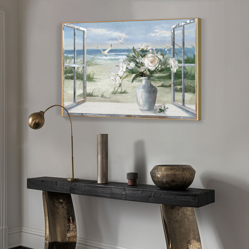 Open Window to Coastal Serenity Canvas Wall Art