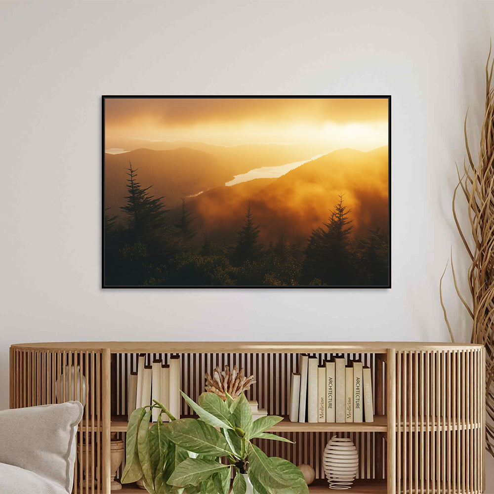 Misty Sunset Over Mountains Scenic Decor - Canvas Wall Art 