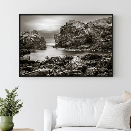 Mystic Coastal Rocks - Black And White Canvas Wall Art