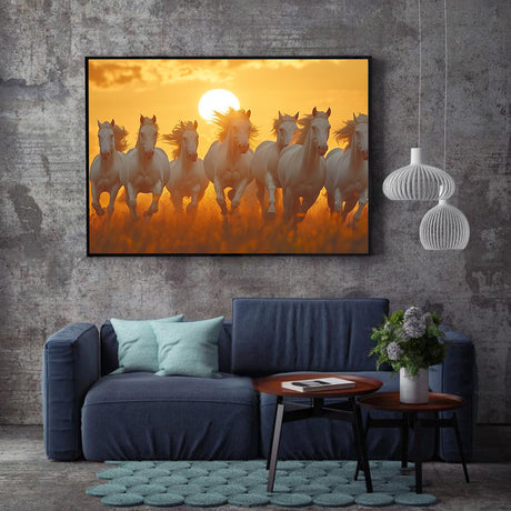 Canvas Wall Art: Galloping White Horses at Sunset