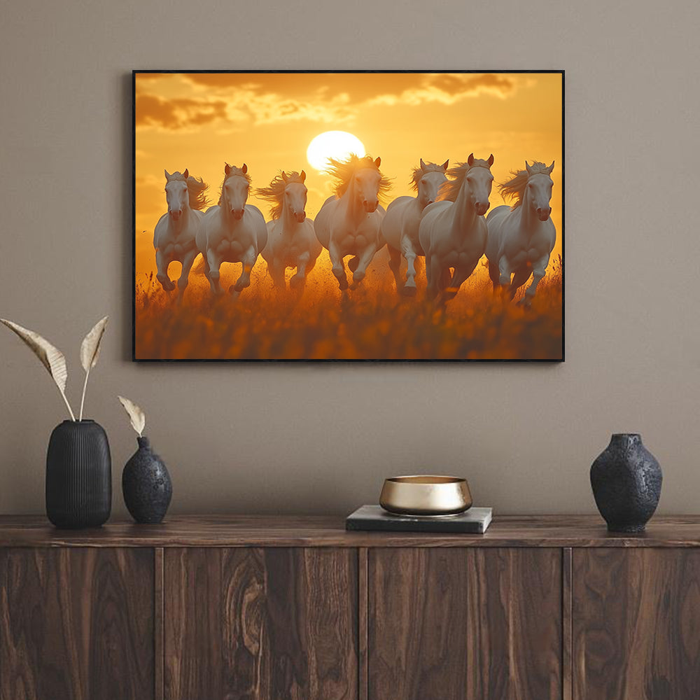 Canvas Wall Art: Galloping White Horses at Sunset