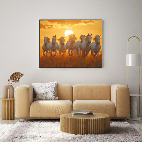 Canvas Wall Art: Galloping White Horses at Sunset