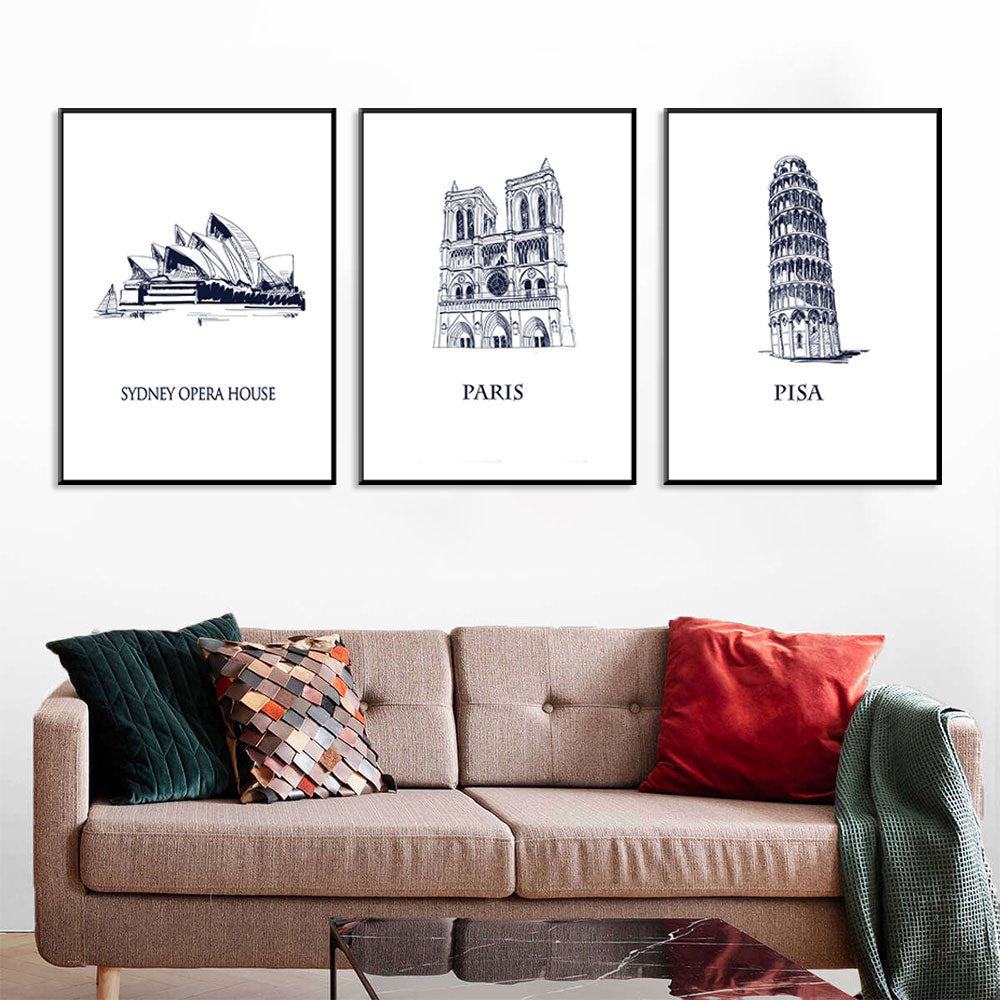 World Landmark Sketch Set Canvas Wall Art (Set of 3)