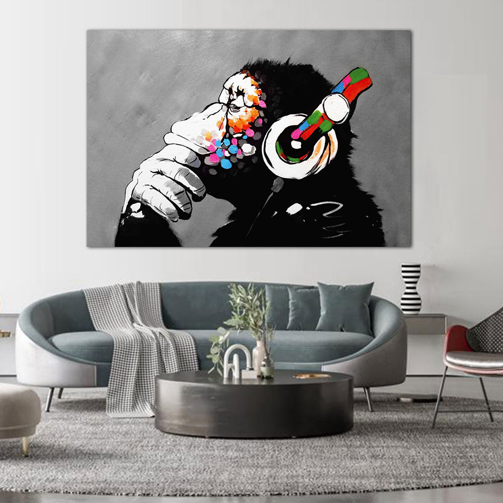 Banksy Graffiti Monkey with Headphones Canvas Wall Art