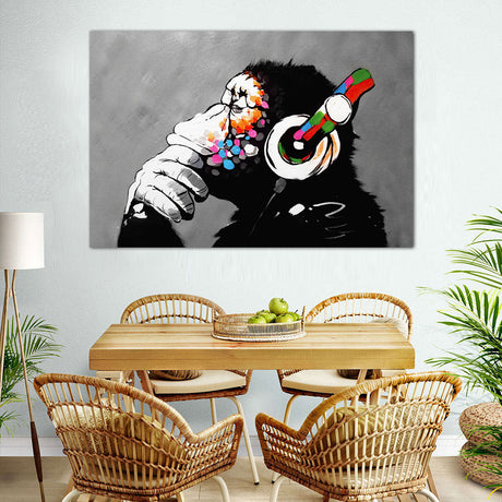 Banksy Graffiti Monkey with Headphones Canvas Wall Art