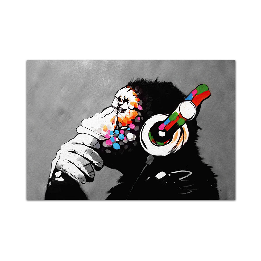 Banksy Graffiti Monkey with Headphones Canvas Wall Art