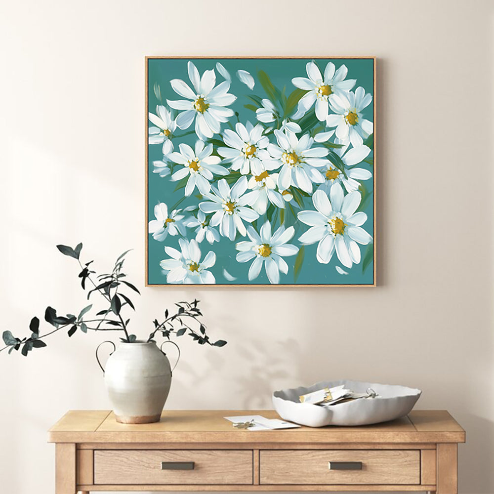 White Daisy Blooms on Teal Background Canvas Wall Art
