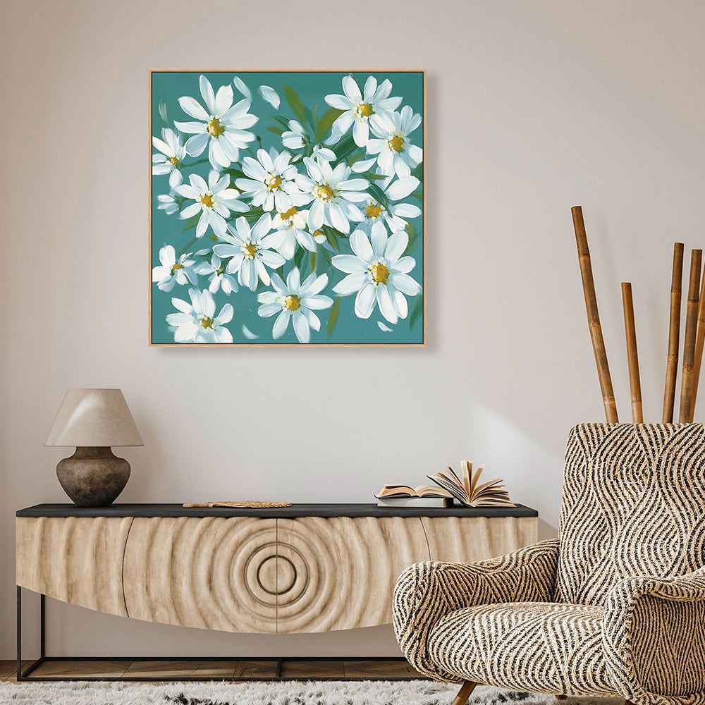 White Daisy Blooms on Teal Background Canvas Wall Art