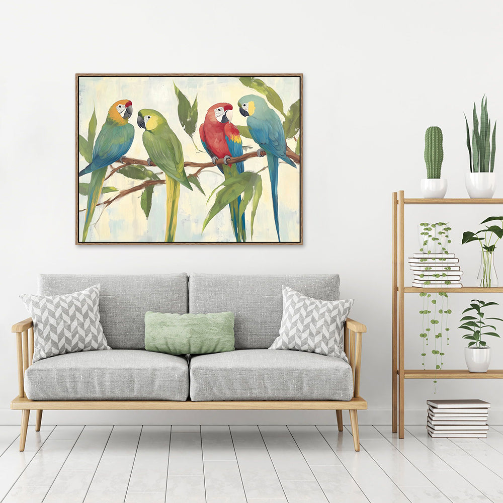 "Vibrant Parrots on a Branch"-Canvas Wall Art