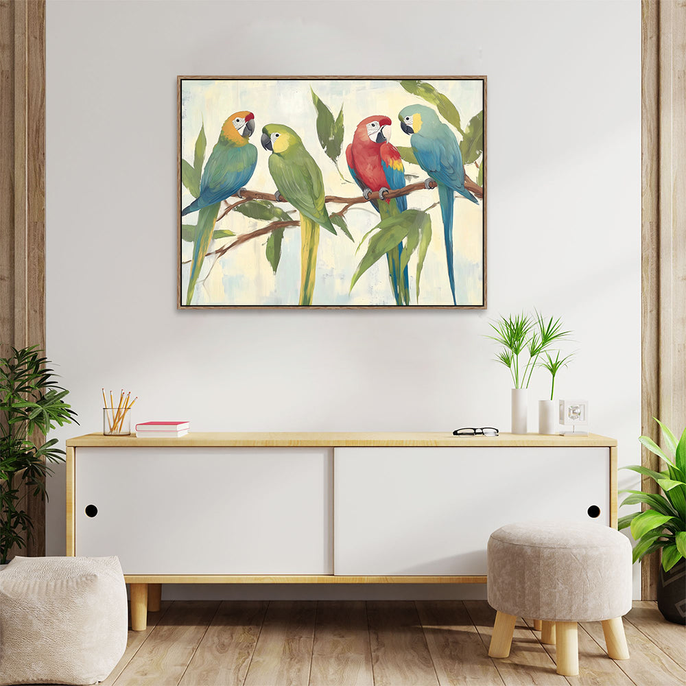 "Vibrant Parrots on a Branch"-Canvas Wall Art